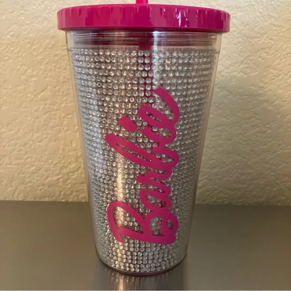 BARBIE Pink / Silver Rhinestone Tumbler Cup With Straw